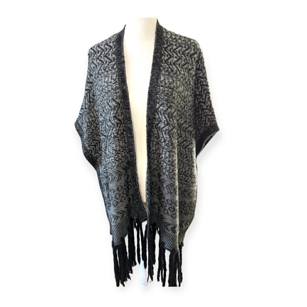 Banana Republic Heritage Gray Black Fringe Cardigan Sweater Cape Poncho XS / S